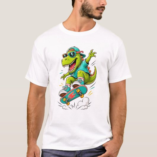 クールなスケートボードのティラノサウルス Tシャツ (正面)