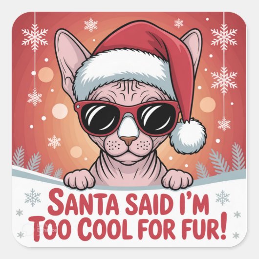 クールなスフィンクス猫のクリスマスサンタデザイン スクエアシール (正面)
