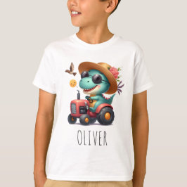 クールなティラノサウルス 農家の赤いトラクター Tシャツ