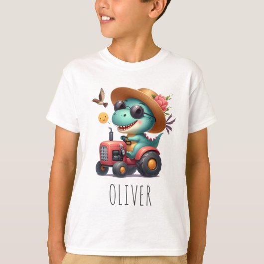 クールなティラノサウルス 農家の赤いトラクター Tシャツ (正面)