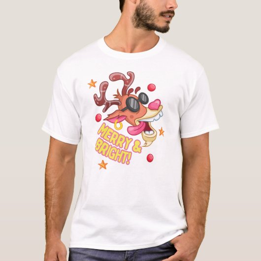 クールなトナカイの楽しい明るいホリデー Tシャツ (正面)