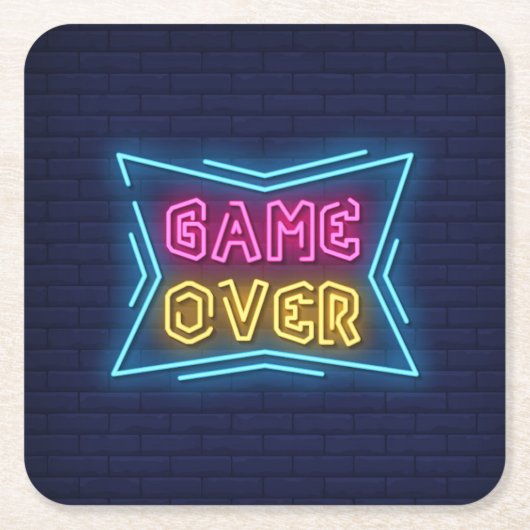 クールなネオン風ゲームオーバーサイン スクエアペーパーコースター (正面)