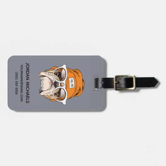 クールなヒップスターのブルドッグは|あなたの名前を加えます ラゲッジタグ (正面横)