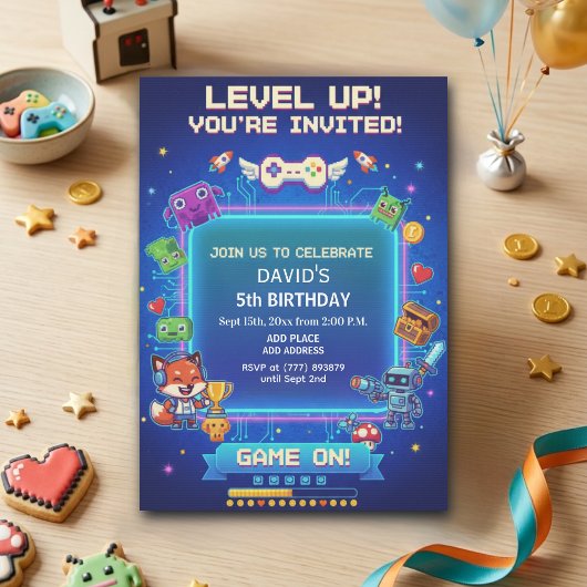 クールなビデオゲームの5歳の誕生日パーティー 招待状