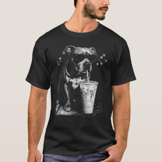 クールなピットブルがアイスコーヒーを飲む - ヴィンテージドッグ Tシャツ