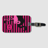 クールなフラミンゴの黒およびピンクのストライプのモノグラム ラゲッジタグ (正面横)