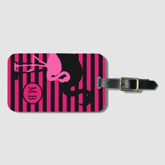 クールなフラミンゴの黒およびピンクのストライプのモノグラム ラゲッジタグ (正面横)