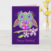 クールなフラワーパワーのフクロウのバースデー・カード カード (黄色い花)