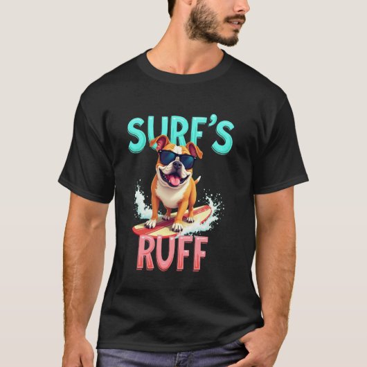 クールなブルドッグのサーフィン犬 Tシャツ (正面)