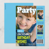 クールなブルーマガジンカバー3枚の写真誕生日パーティー 招待状 (正面/裏面)