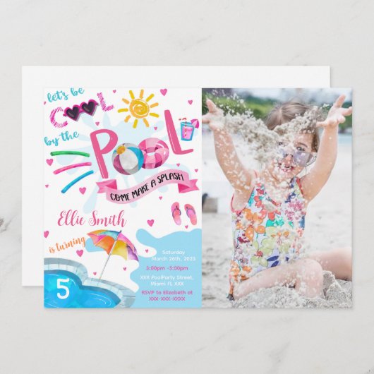 クールなプール誕生日写真招待状 招待状 (正面/裏面)