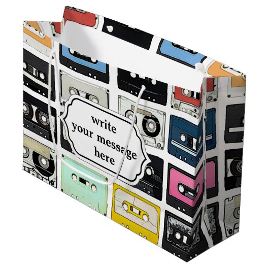 クールなレトロのヴィンテージカセット組合せはパターンを録音します ラージペーパーバッグ (正面アングル)