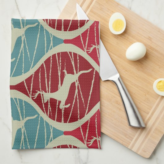 クールなレトロの赤くおよび青のクリスマスのトナカイのクリスマス キッチンタオル (四つ折り)