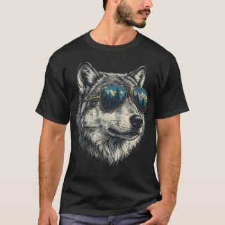 クールなレトログレーウルフサングラス野生動物 Tシャツ