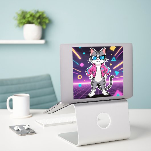 クールなレトロゲーマー猫のフル画像 シール (デスク上のノートパソコン)