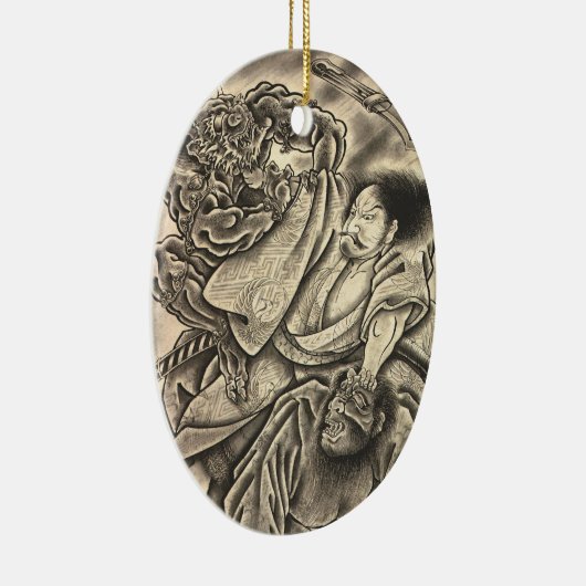 クールなヴィンテージの日本の武士の鬼の戦いの入れ墨 セラミックオーナメント (右)