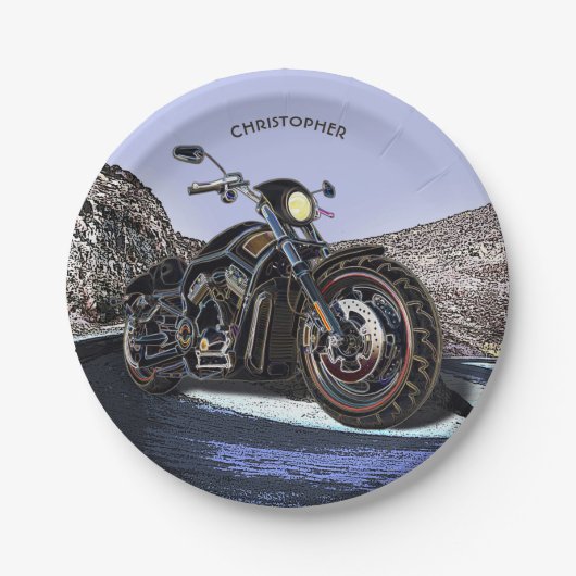 クールなヴィンテージの道の白熱［赤熱］光を放つなオートバイのチョッパー ペーパープレート (正面)