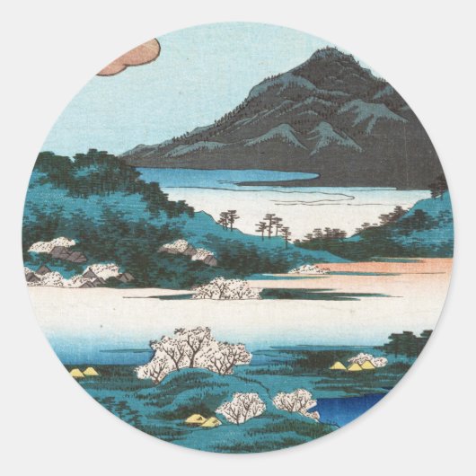 クールなヴィンテージのukiyo-eの日本のwaterscape山 ラウンドシール (正面)
