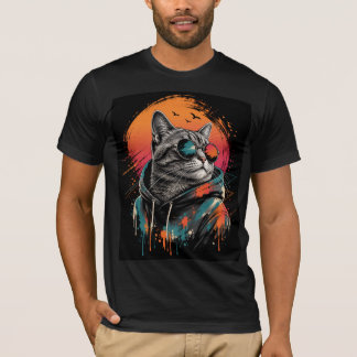 クールな宇宙飛行士の猫 レトロな夕焼けTシャツ Tシャツ