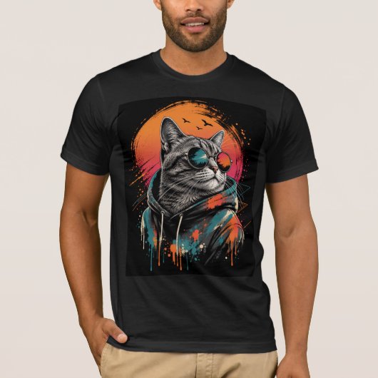 クールな宇宙飛行士の猫 レトロな夕焼けTシャツ Tシャツ (正面)