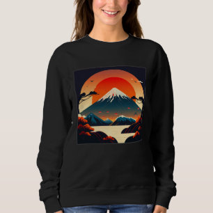 クールな富士山の大きな波のイラスト 海の夕日 女性 スウェットシャツ