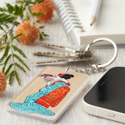 クールな日本のクラシックな芸者の女性着物ファン キーホルダー (正面右)