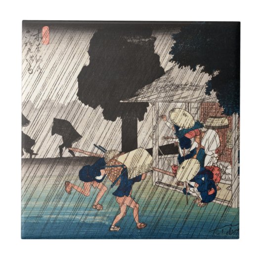 クールな日本のヴィンテージのukiyo-eの雨の日場面 タイル (正面)