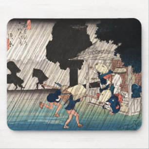 クールな日本のヴィンテージのukiyo-eの雨の日場面 マウスパッド