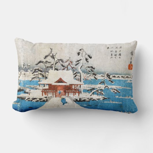 クールな日本のヴィンテージのukiyo-e湖の神社の雪 ランバークッション (正面)