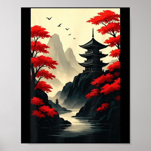 クールな日本の五重塔 城 山の景色 グラフィック ポスター (正面)