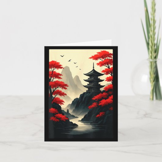 クールな日本の五重塔 城 山の風景 グラフィックアート カード (正面)