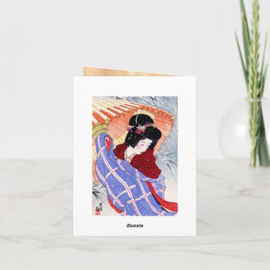 クールな日本の女性芸者の傘の雪の冬 シーズンカード (裏面)