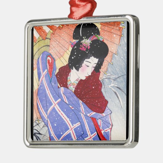 クールな日本の女性芸者の傘の雪の冬 メタルオーナメント (左)