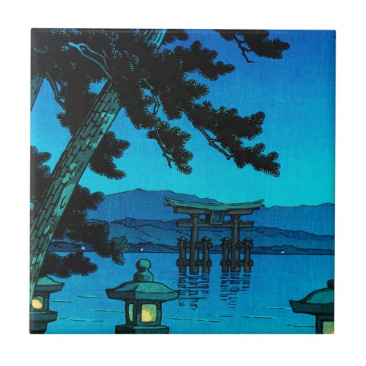 クールな日本の月明りの夜ゲートの海のhasuiのkawase タイル (正面)