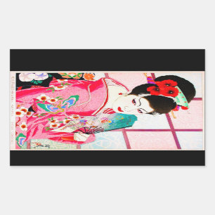 クールな日本のGeisha美しいの女性ピンクファンの芸術 長方形シール