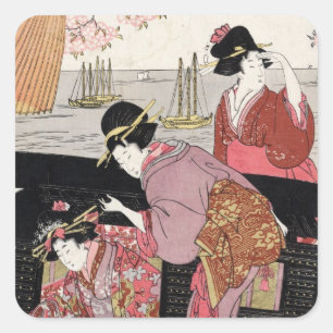 クールな日本のukiyo-eのトリオの芸者の女性スクロール スクエアシール