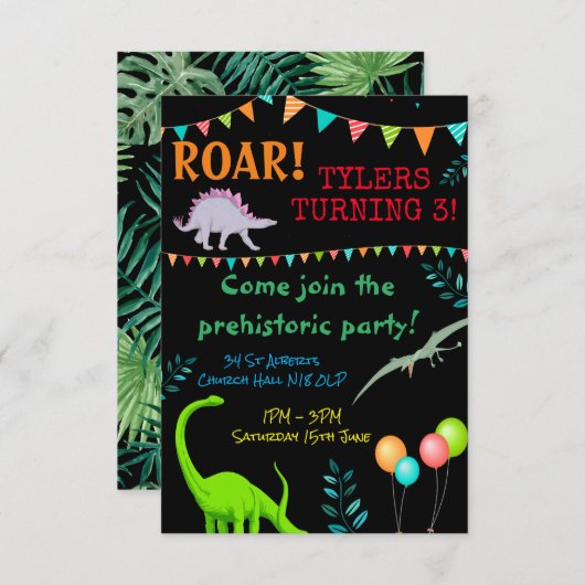 クールな有史以前の恐竜の誕生日の招待 出欠カード (正面/裏面)