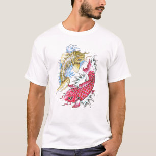 クールな東洋のコイの魚の赤い金ゴールドの陰陽の入れ墨 Tシャツ