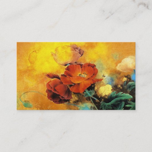 クールな東洋の中国ので赤いケシの花の水彩画 名刺 (正面)