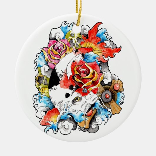 クールな東洋の日本のなコイのコイの魚の花 セラミックオーナメント (正面)