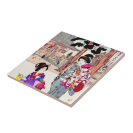 クールな東洋の日本のクラシックな芸者の女性芸術 タイル