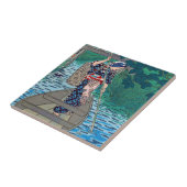 クールな東洋の日本の川船の魚釣りの女性 タイル (側面)