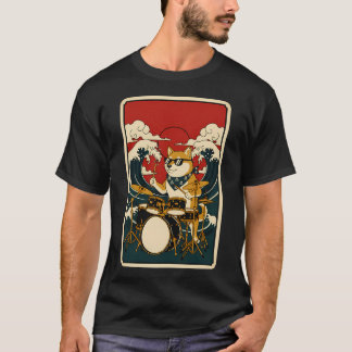 クールな柴犬ドラマー 和風波デザイン ポスター Tシャツ