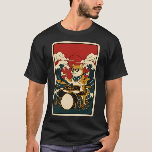 クールな柴犬ドラマー 和風波デザイン ポスター Tシャツ (正面)