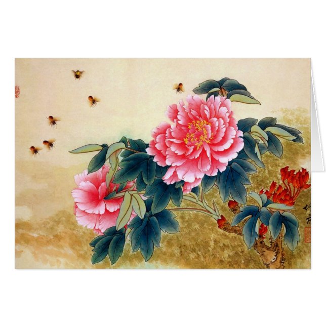 クールな漢籍の水彩画のピンクの花の蜂 (正面横)