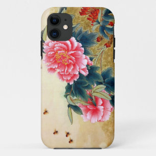 クールな漢籍の水彩画のピンクの花の蜂 iPhone 11 ケース
