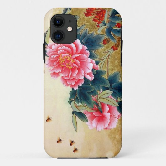 クールな漢籍の水彩画のピンクの花の蜂 Case-Mate iPhoneケース (裏面)