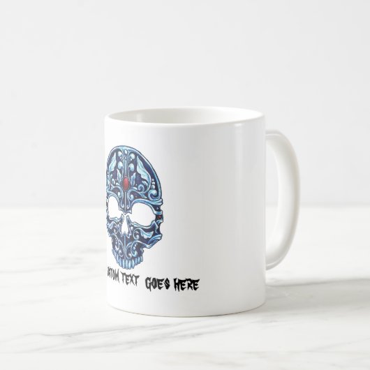 クールな漫画の入れ墨の記号の青い金属のゴシック様式スカル コーヒーマグカップ (正面右)