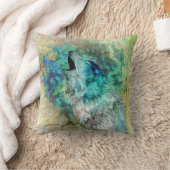 クールな灰色およびターコイズの遠ぼえのオオカミの芸術 クッション (ブランケット)