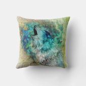 クールな灰色およびターコイズの遠ぼえのオオカミの芸術 クッション (裏面)